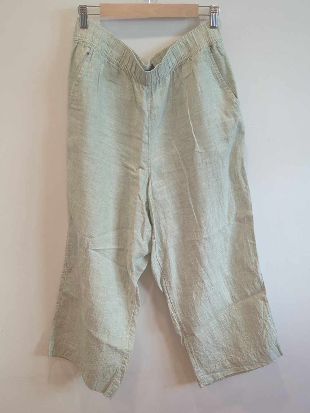 Coastal Lagenlook Boho Classic Light Sage Green Linen Wide-Leg Pants Size L